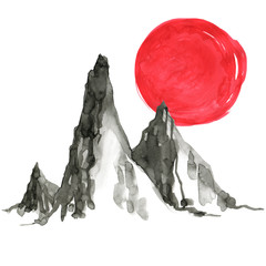 Mountains in Japanese painting style. Traditional Beautiful watercolor hand drawn illustration