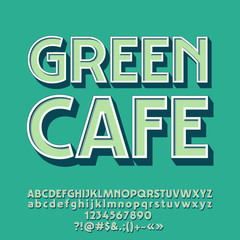 Vector simple Retro style Emblem Green Cafe. Set of Vintage 3D Alphabet Letters, Numbers and Symbols