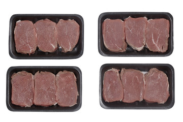 Supermarket plastic tray with veal isolated on white background. Top view
