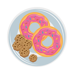 dish with cookies and sweet donuts icon over white background vector illustration