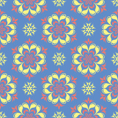 Floral seamless pattern. Blue background with colored flower elements