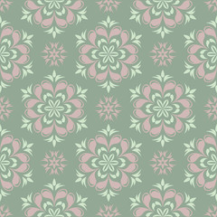 Fototapeta na wymiar Olive green floral seamless pattern with pale pink elements. Background with flower designs