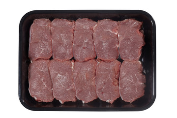 Plastic tray with lamb meat isolated on white background. Top view
