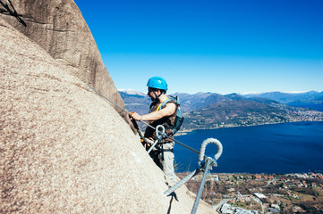 Italy-Baveno-Piedmont-10 March 2017-mountaineer along via ferrata, Picasass