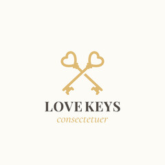 Love Keys. Abstract Vector Sign, Symbol or Logo Template. Crossed Keys Sillhouettes with Heart Elements and Classy Retro Typography. Vintage Vector Emblem.