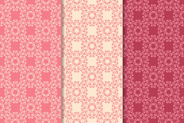 Cherry red floral ornamental designs. Vertical seamless patterns