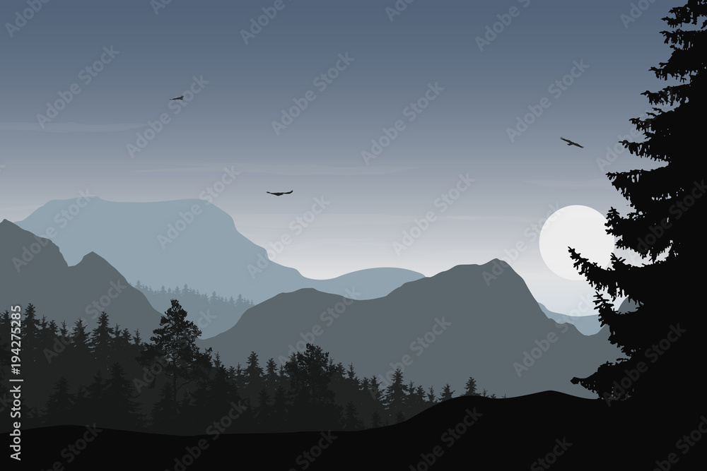 Wall mural mountain landscape with forest, under a grey sky with flying birds and sun