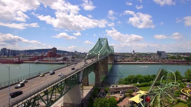 Montreal, Quebec, Canada, aerial view of Jacques Cartier bridge over the Saint Lawrence river.