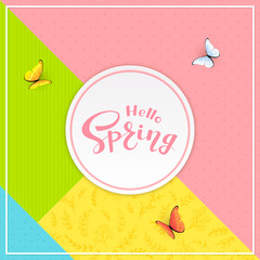 Colorful background with text Hello Spring and butterflies