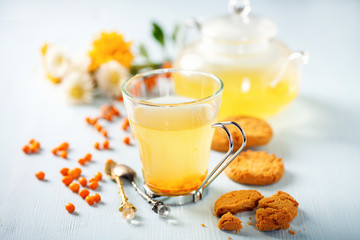Vitaminic healthy sea buckthorn tea in small glass tea pot with fresh raw sea buckthorn berries. Sea-buckthorn tea and cookies.  Selective focus