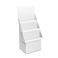 Obraz premium Cardboard Retail Shelves Floor Display Rack For Supermarket Blank Empty. Mock Up. 3D On White Background Isolated. Ready For Your Design. Product Advertising. Vector EPS10