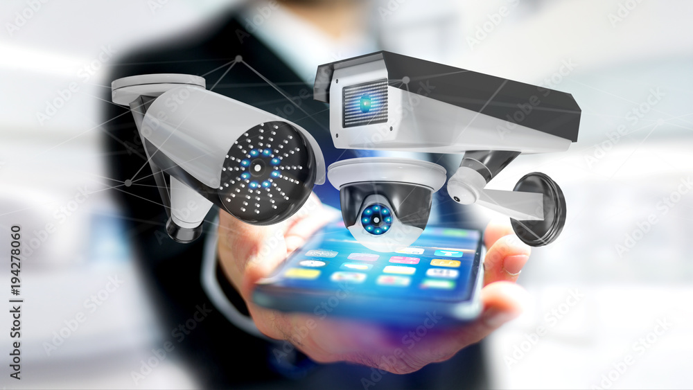 Poster businessman using a smartphone with a security camera system and network connection - 3d rendering