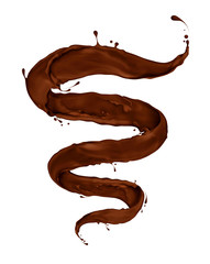 Chocolate splashes twisted in the shape of a spiral on white background