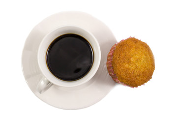 Top view, Espresso coffee in white cup with homemade brownie muffin cakes  isolated on white background with clipping path.