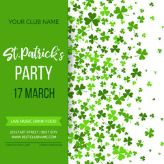 Saint Patrick s Day poster with green four and tree leaf clovers on white background. Vector illustration. Party invitation design, typographic template. Lucky and success symbols.