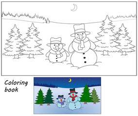 Happy snowmen.Coloring book. Cartoon vector illustration. Eps 10