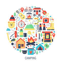 Camping flat infographics icons in circle - color concept illustration for Camping mountains cover, emblem, template.