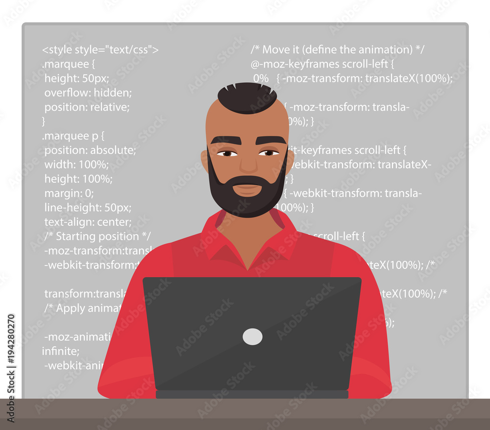 Poster Vector stylish black man programmer sitting at the desktop and working on the laptop with code. Professional character freelancer coding.
