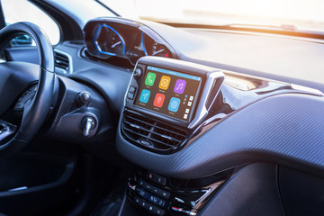 Modern car infotainment system with phone, messages, music, navigation, journey apps.