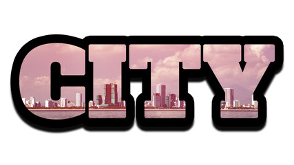 Word CITY made of photo with cityscape with skycrappers, isolated on white background