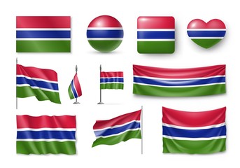 Set Gambia flags, banners, banners, symbols, Realistic icon. Vector illustration of collection of national symbols on various objects and state signs