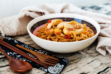 fried chicken noodle food on the table