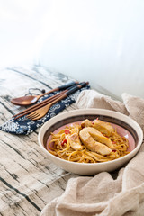 fried chicken noodle food on the table