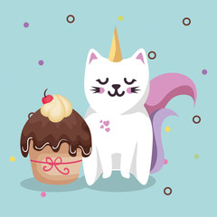 cute cat sweet kawaii with cupcake birthday card vector illustration design