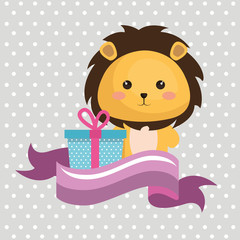 cute leon with gift kawaii birthday card vector illustration design
