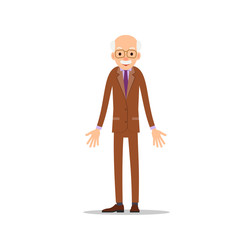 Old man. Elderly man is stand and spreads his arms out to sides. Cartoon illustration isolated on white background in flat style. Full length portrait of old human, senior or grandfather