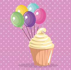 sweet and delicious cupcake with balloons air birthday card vector illustration design