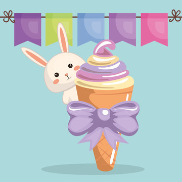 cute rabbit with ice-cream kawaii birthday card vector illustration design