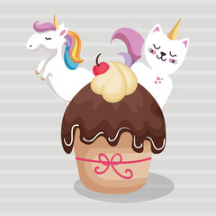 sweet and delicious cupcake with unicorn and cat vector illustration design