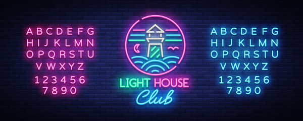 Night Club Lighthouse Neon Sign. Lighthouse Logo in Neon Style, Symbol, Design Template for Nightclub, Night Party Advertising, Discos. Neon banner. Vector illustration. Editing text neon sign