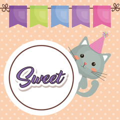 cute cat sweet kawaii character birthday card vector illustration design