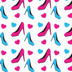 high heel shoe with hearts pattern background vector illustration design