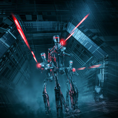 Robot patrol attacks / 3D illustration of science fiction scene with three military robots advancing through spaceship corridor firing laser rifles © grandeduc