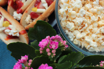 Labour traditional day. American memorial day.  American barbecue concept. Close up. Selective focus Homeplant kalanchoe