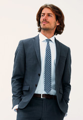 elegant people looking up on white background