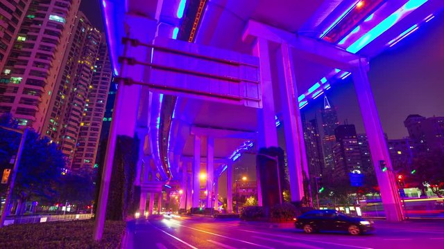 night pink blue illumination shanghai city traffic road junction panorama 4k timelapse china

