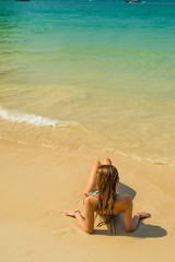 woman resting at the  tropical Thailand Railay beach in Thailand