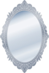 Mirror in retro vintage oval ornate silver border frame. Vector illustration.