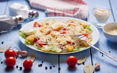 Seafood Caesar Salad with Shrimps, Salad Leaf, Croutons, Cherry Tomato and Parmesan Cheese
