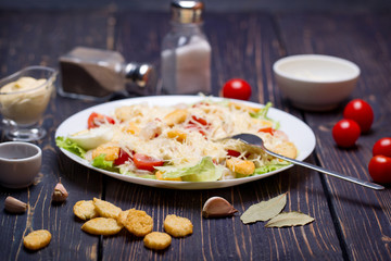 Seafood Caesar Salad with Shrimps, Salad Leaf, Croutons, Cherry Tomato and Parmesan Cheese