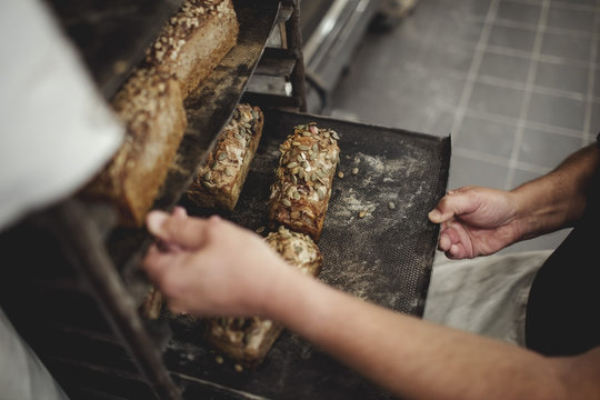 Close up of baker removing fresh bread from oven