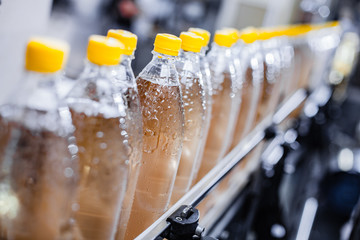 Conveyor with filled plastic bottles