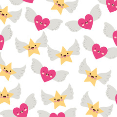 cute hearts love and stars with wings kawaii pattern vector illustration design