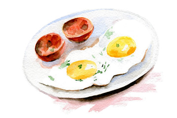 Fried eggs and tomato on the plate. Watercolor illustration on white background.