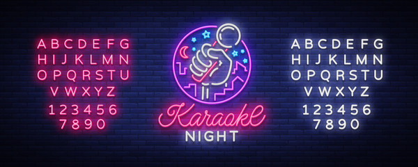Karaoke night vector. Neon sign, luminous logo, symbol, light banner. Advertising bright night karaoke bar, party, disco bar, night club Live music. Design template. Editing text neon sign - obrazy, fototapety, plakaty