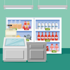 supermarket groceries in shelving vector illustration design